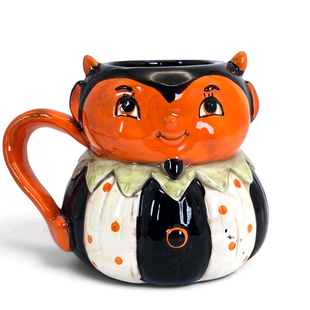 Johanna Parker Halloween Devil Ceramic Mug Orange Black Tail Handle 5in